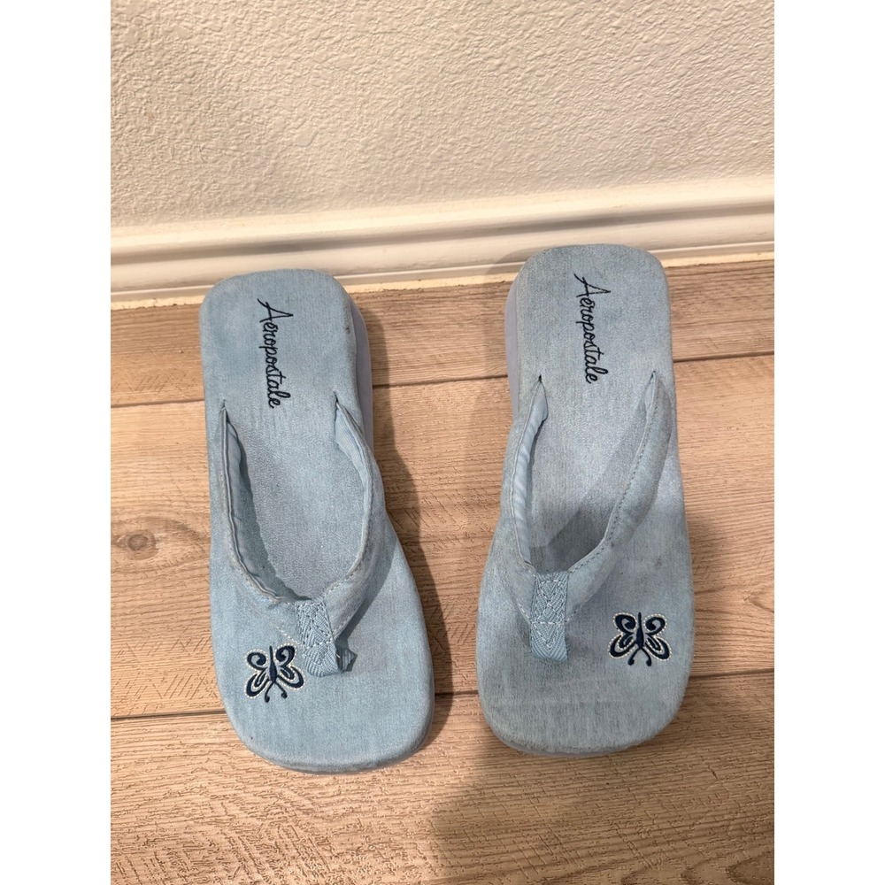Aeropostale Blue Butterfly Girlie Platform Wedge Flip Flops Y2K Sandals Sz 9